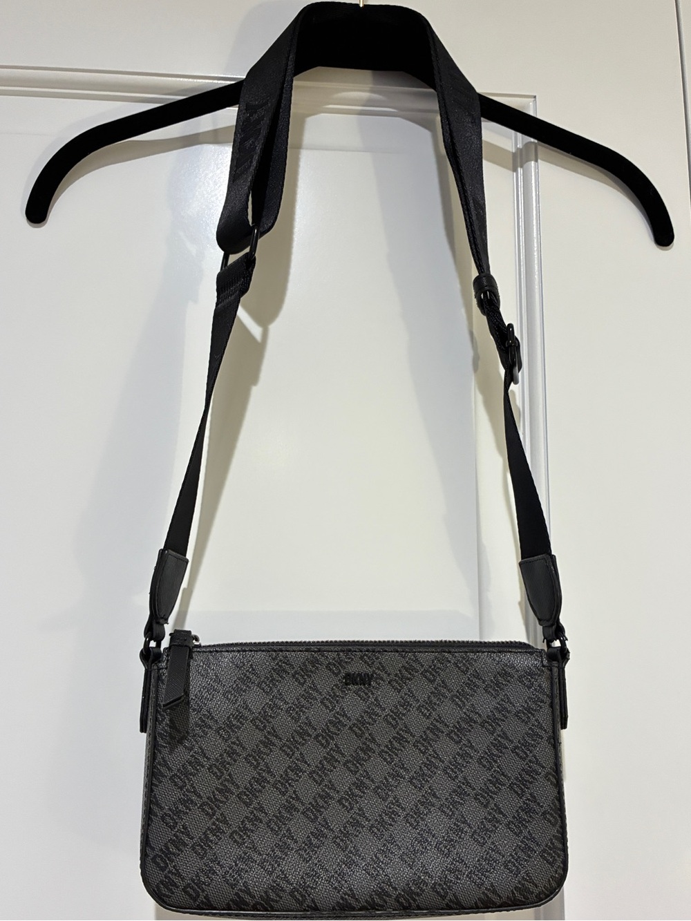DKNY Black Jacquard Logo Crossbody Bag Adjustable Guitar Strap Purse